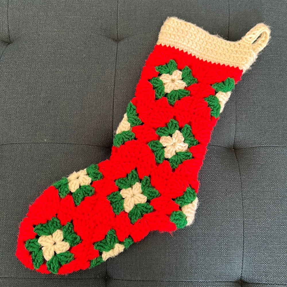Vintage hand knit/crochet poinsettia Christmas stocking